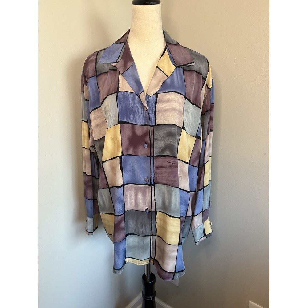 VTG Le Caviar Multicolor Blouse Color Block Geometric 90s Button Up Size Large